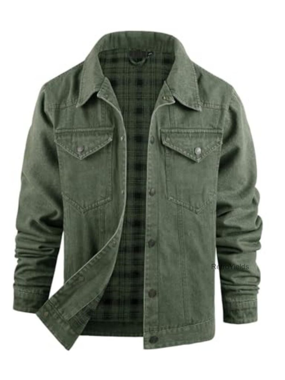 Flannel Lined Denim Jacket Cowboy Cut Trucker Coat with Snap Buttons